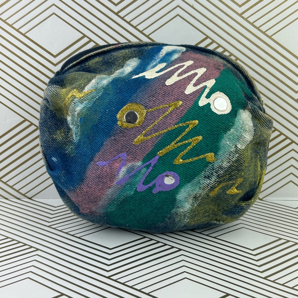 Vintage Denim Acid -Washed Painted Makeup Cosmetic Bag Pouch 80’s 90’s